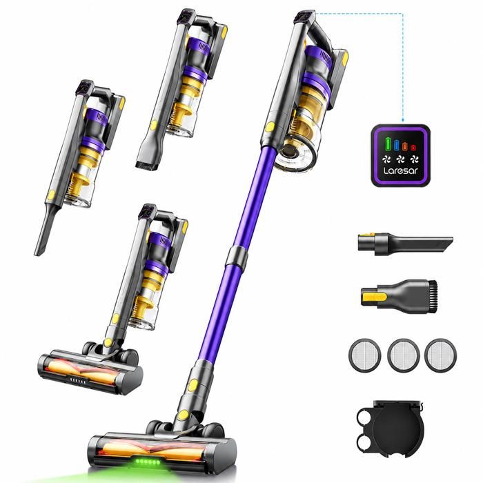 LARESAR Aspirateur Balai sans Fil - 75000Pa/650W- 60min Autonomie -Écran LED-  Brosse avec Verte LED - 2L - Moteur sans balais(Version améliorée/48 kPa)