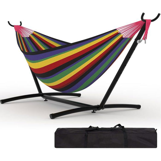 Hamac Double avec Support en Acier, Hamac Portable 500 lbs pour Jardin, Camping, Hamac avec Sac de Transport, coloré(Noir et arc-en-ciel/107)