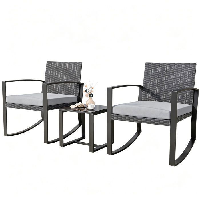 Salon de Jardin - Bealife - 2 Fauteuil Bascule - 1 Table de Jardin - Coussin - Métal - Résine Tressée - Verre Trempé - Gris(Gris)