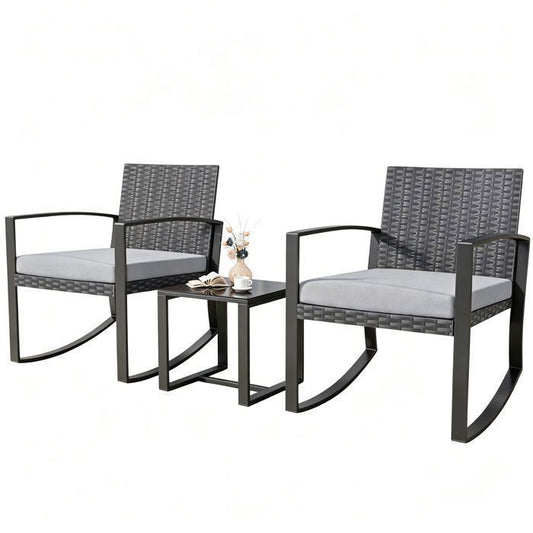Salon de Jardin - Bealife - 2 Fauteuil Bascule - 1 Table de Jardin - Coussin - Métal - Résine Tressée - Verre Trempé - Gris(Gris)