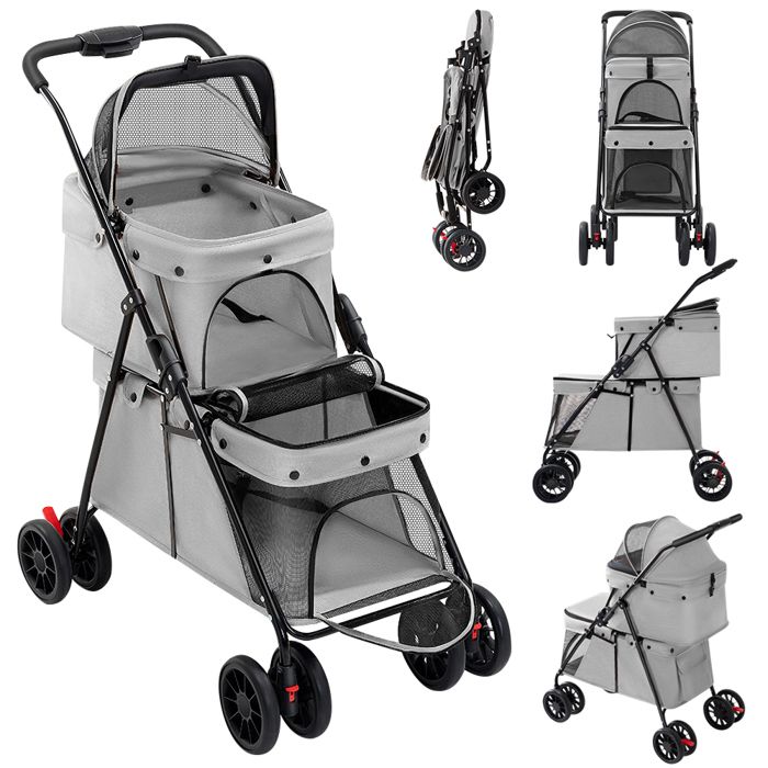 MIPAN.Double Couche Poussette pour Chien Chat Animaux - Animaux Voyage Poussette - Pliable Chien Chat À Quatre Roues Chariot - Gris(Gris)