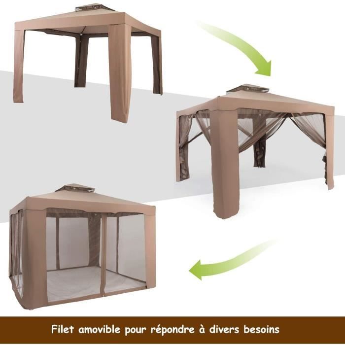 GOPLUS Tonnelle de Jardin de 3M,Tente de Réception avec Moustiquaire Transparente sur 4 Côtés,Petite Fenêtre au Plafond,Brun(Modèle A/Beige)