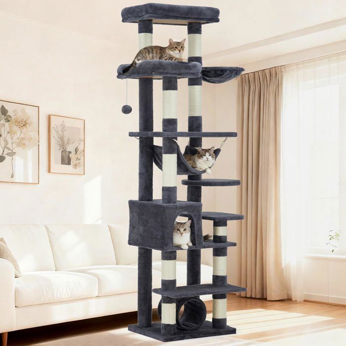 Arbre à chat - GARVEE - Arbre à chat multi-niveau avec griffoirs, escalade, hamac et niches, hauteur 188 cm - Gris foncé(Gris foncé)
