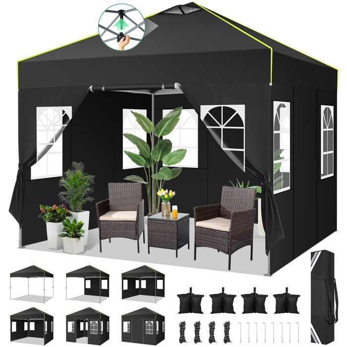 Tonnelle Pliante 3x3 Tonnelle De Jardin Exterieur ImperméAble Tente De Reception Avec 4 Panneaux LatéRaux,Uv 50+,Noir(Blanc/3 x 3 m (Avec Ventilation))
