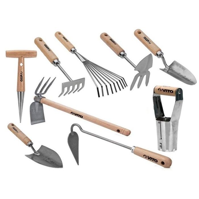 Kit 9 outils de jardin Manche bois Hêtre Inox et Fer forgés à la main  VITO(Kit 9 outils)