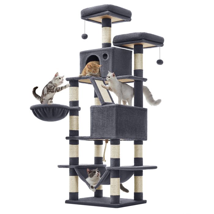 FEANDREA Arbre à Chat, Grande Tour de Jeux, Hauteur 168cm, 13 Griffoirs, 1 Planche à Griffer, 2Plate-Forme, 2Niches, Gris foncé(Gris foncé/L (168 cm))