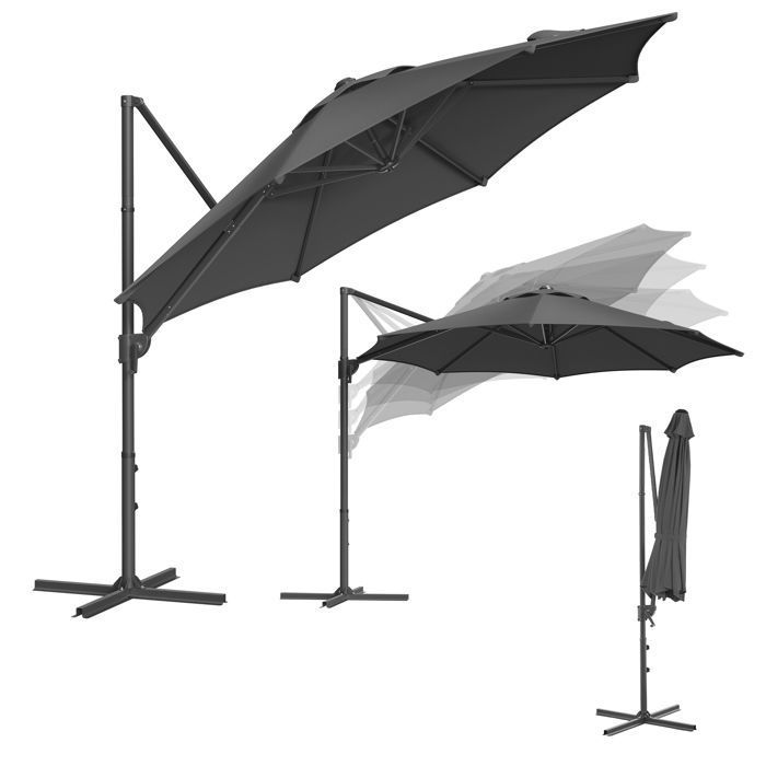Parasol de Jardin 300 cm, UPF 50+, Pivotant à 360°, Inclinaison Fluide, Manivelle, avec Base en Croix, Gris(Gris/Sans LED)