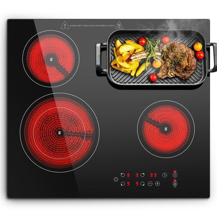 Plaque Vitrocéramique 4 Feux, Plaque de cuisson Encastrable 6600W, Ovale Double Zone, 9 Niveaux, Tactile plaque(4 feux/3000 W/29 x 4)