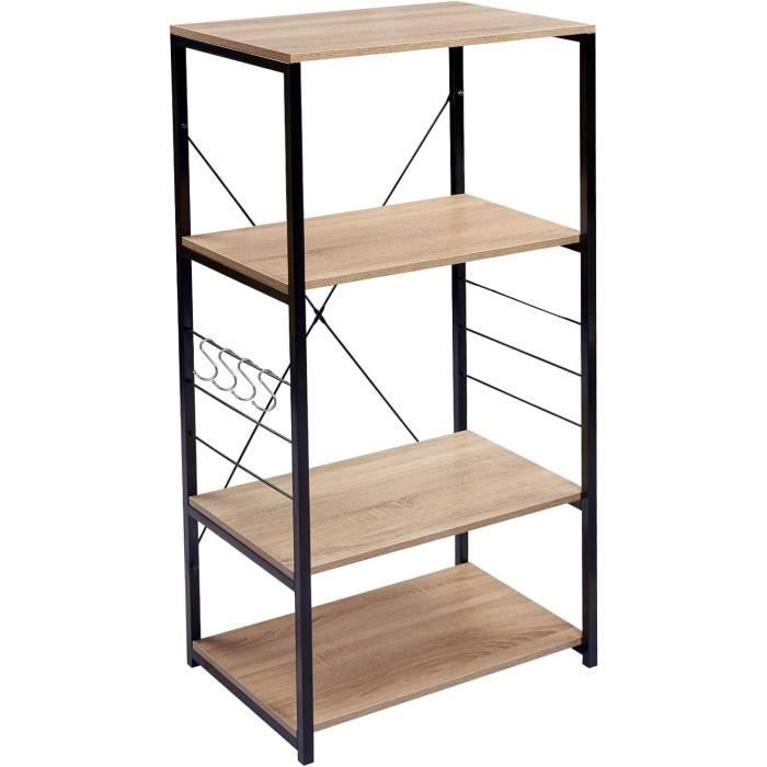 WOLTU Etagère four à Micro-ondes, Etagère de cuisine en bois et acier, 4 Niveaux, 60x40x123.5 cm, Noir+chêne clair(Chêne Clair)