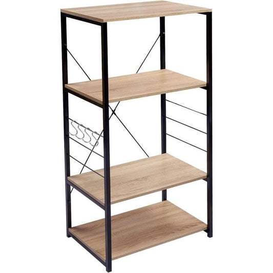 WOLTU Etagère four à Micro-ondes, Etagère de cuisine en bois et acier, 4 Niveaux, 60x40x123.5 cm, Noir+chêne clair(Chêne Clair)