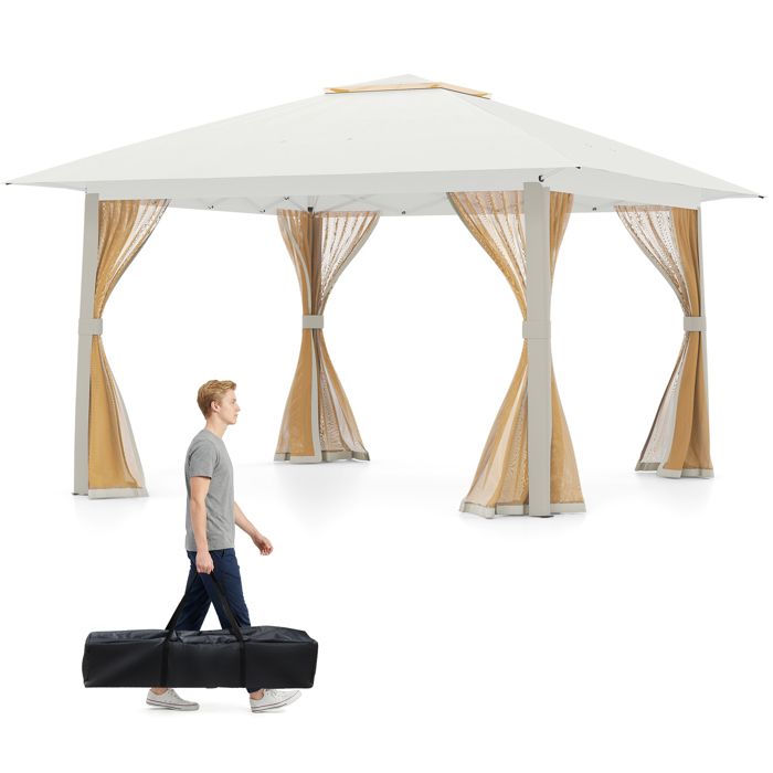 Tonnelle de Jardin Réception 394 x 394cm-COSTWAY- Pop-Up Hauteur Réglable à 3 niveaux -6 à 8 Personnes-Anti-UV Pliable Beige(Beige)