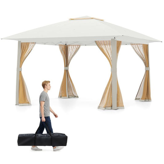 Tonnelle de Jardin Réception 394 x 394cm-COSTWAY- Pop-Up Hauteur Réglable à 3 niveaux -6 à 8 Personnes-Anti-UV Pliable Beige(Beige)