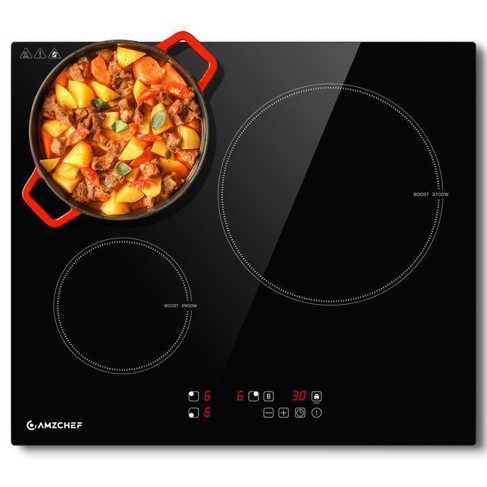 Table de cuisson 3 foyers AMZCHEF 9 niveaux de puissance 7400W avec 3 boosters Encastrable(3 feux/Puissance : 3700 W)